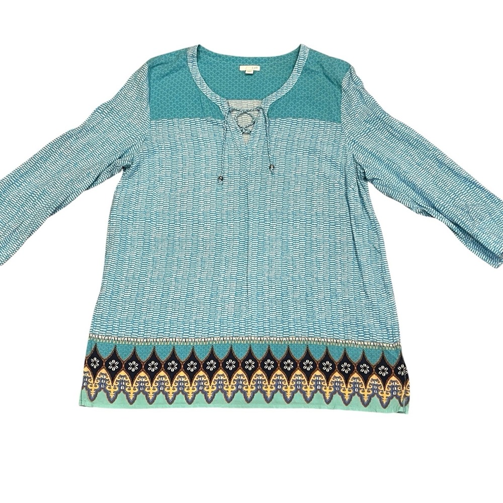 J. Jill Top Border‎ Print Tunic Tassel Neck Blue 3/4 Sleeves Boho Size Lrg Flowy